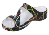 A colorful, abstract-patterned sandal with a black and white design.